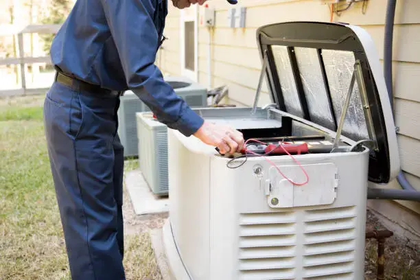 Licensed technician testing electrical connections on a home standby generator